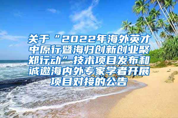 关于“2022年海外英才中原行暨海归创新创业聚郑行动”技术项目发布和诚邀海内外专家学者开展项目对接的公告